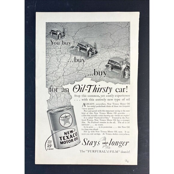 Texaco "Stays Full Longer-The Furfural'd Film does it" Vintage Print Ad 1936 - Picture 3 of 3